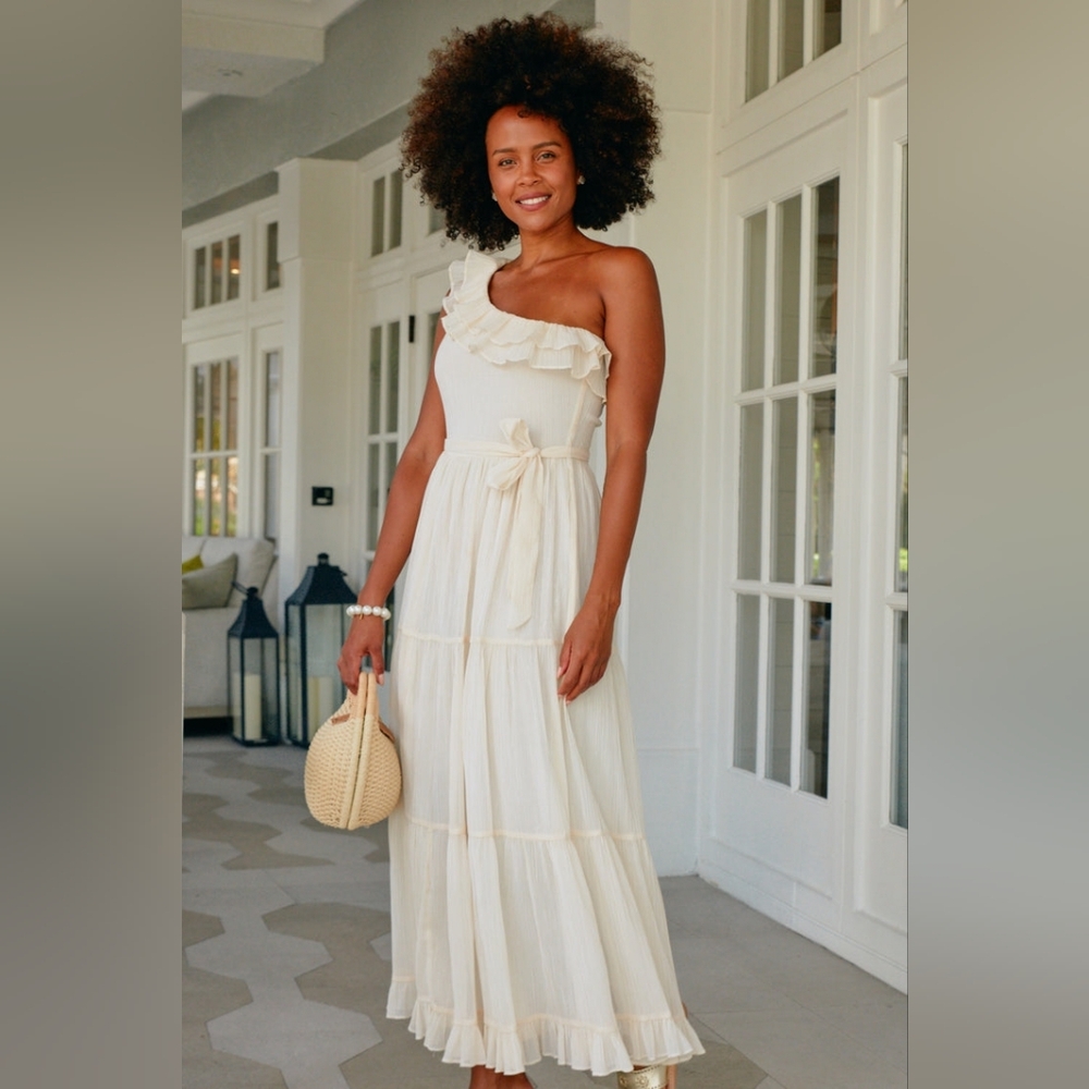 Cabana Life Ivory Gold Metallic One Shoulder Maxi Dress NWT Large UPF 50+